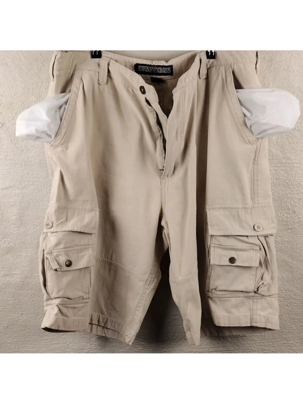 Swiss Cross Tan High Waist Eight Pocket Zipper Front Closure Cargo Shorts